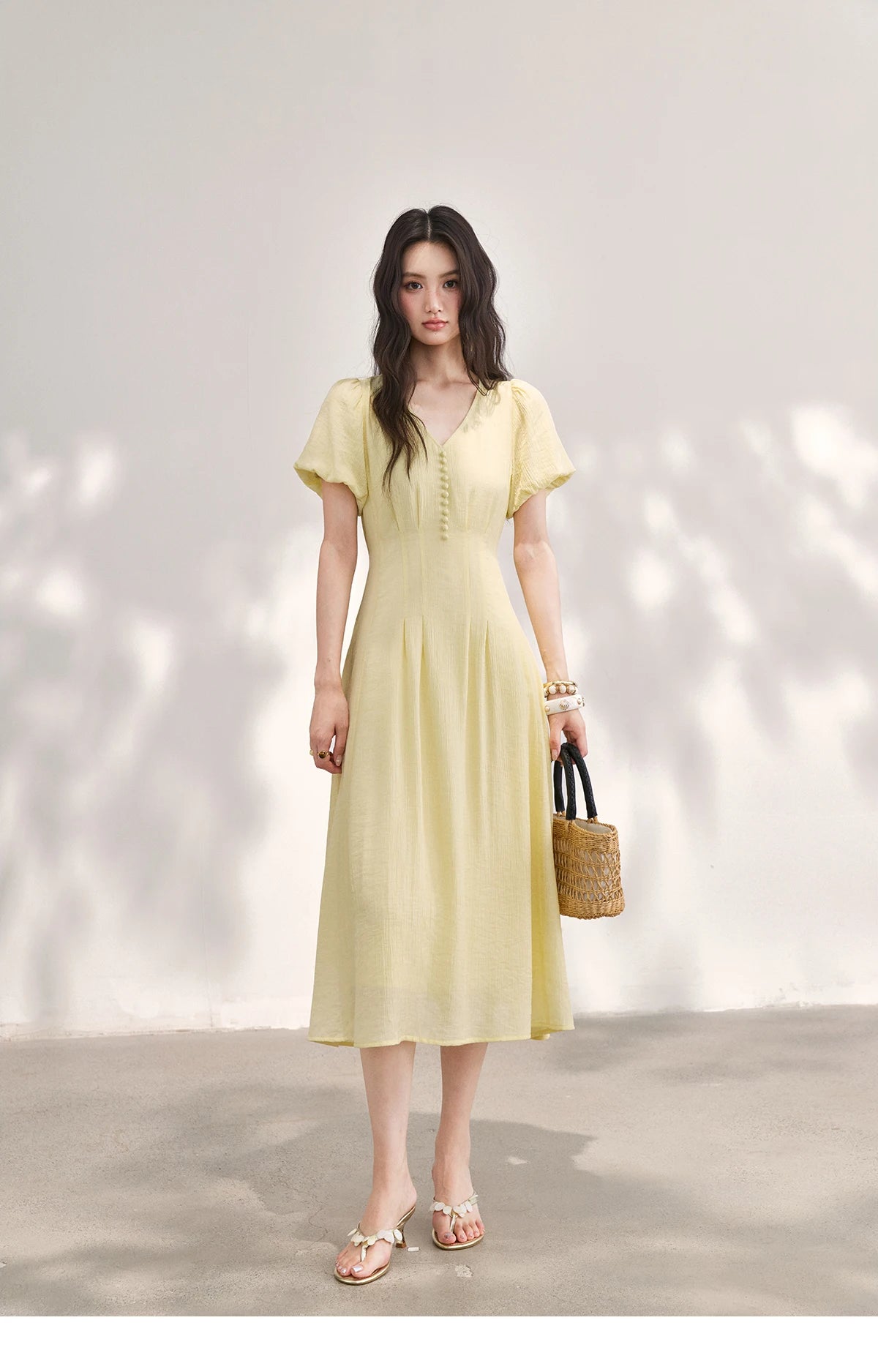MISHOW Women's French V Neck Puff Sleeve Midi Dress 2026 Summer Button Detail Waist Slim Yellow Elegant Long Dress MXF29L2782