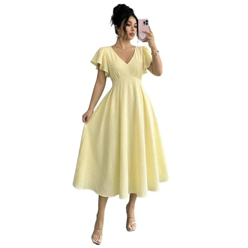 Women's New Summer French Elegant Casual Solid Color Ruffle V-neck A-line Long Dress Dresses For Women Clothing Lace Bandage
