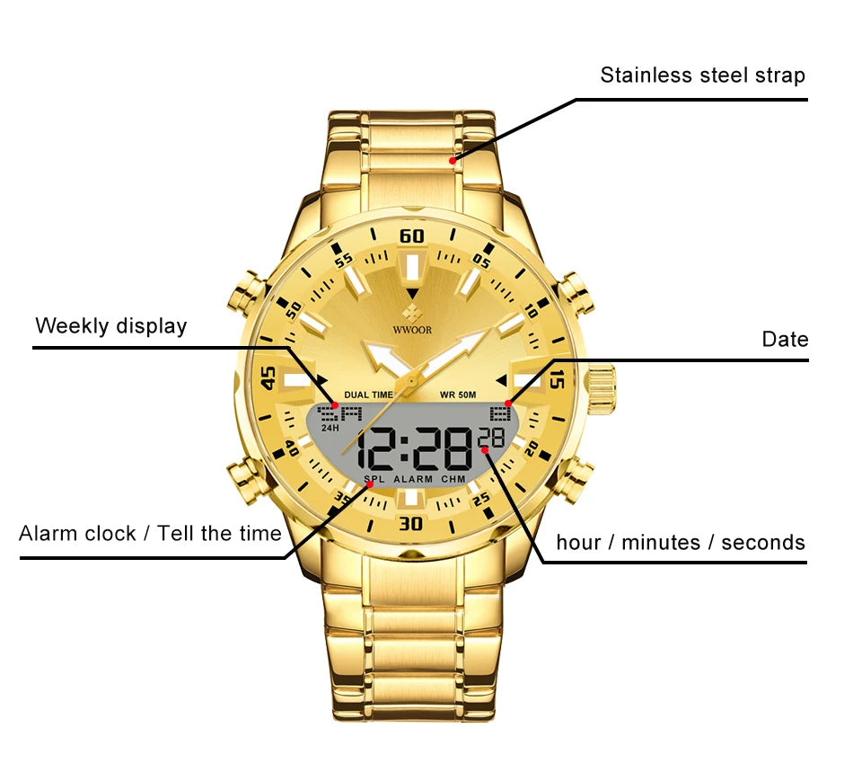 WWOOR Luxury Watches For Men Military Chronograph Digital Quartz Man's Wristwatch Waterproof Stainless Steel Luminous Male Clock