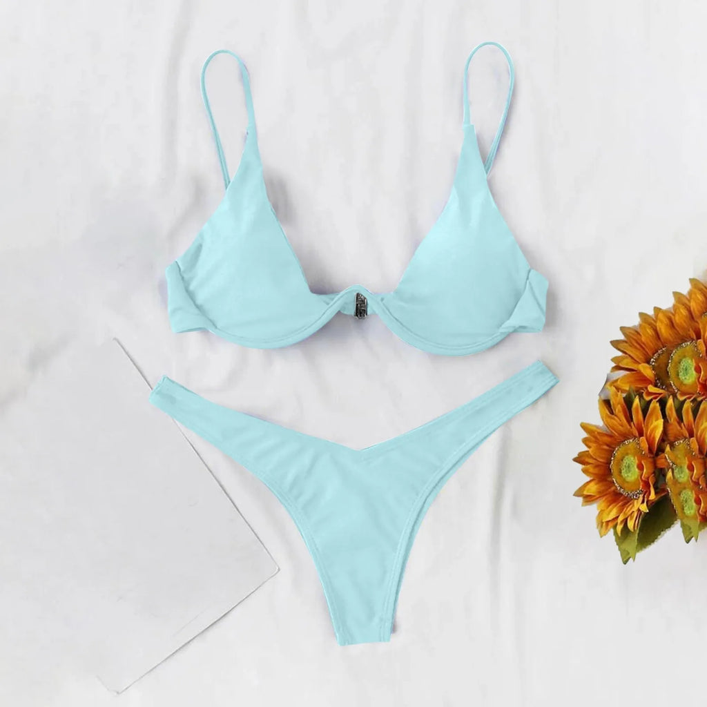 Personality Women'S Sexy Split Style Solid Color Bikini Swimsuit Bow Tie Swimsuit 2 Piece Set Soft Comfortable Swimwear Set