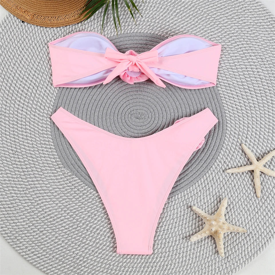 Bandeau Bikini Front 3D Flower Flower Decoration Swimwear Women High Waist Solid Swimsuit Elegant Beachwear Bathing Suit Summer