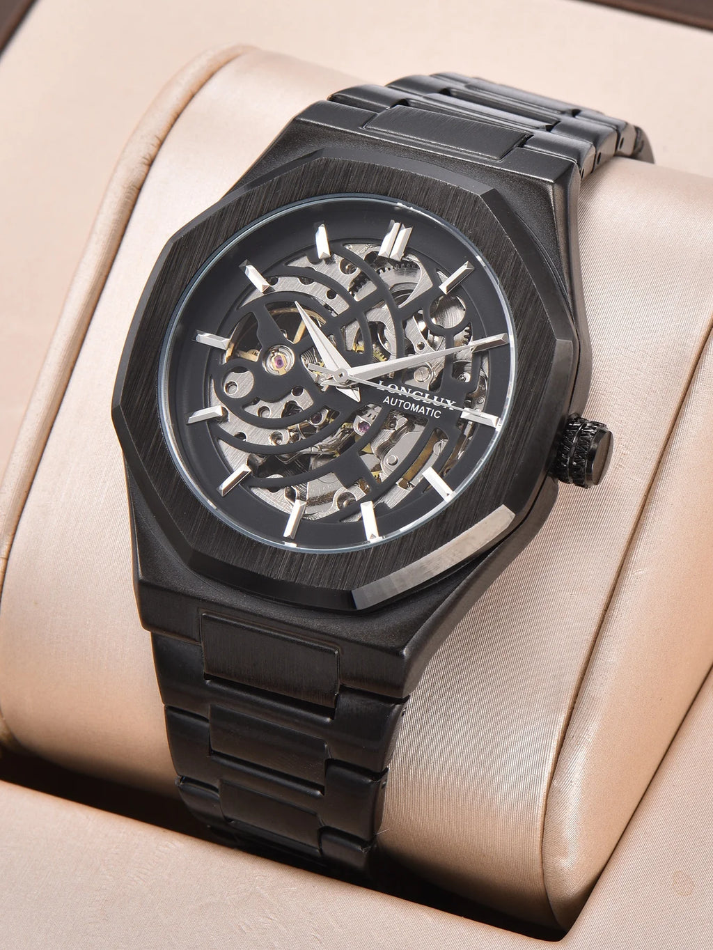 LONGLUX automatic watch business mechanical watches skeleton waterproof luminous stainless steel mens watch office worker gift
