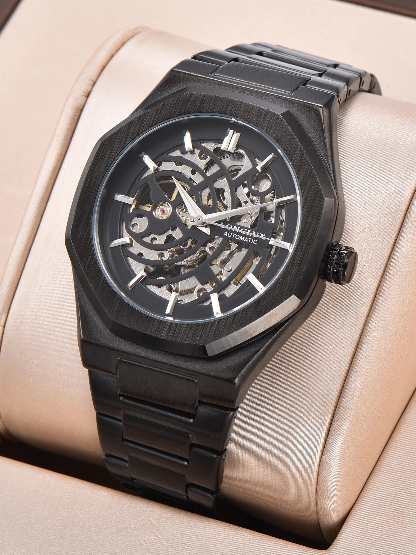 LONGLUX automatic watch business mechanical watches skeleton waterproof luminous stainless steel mens watch office worker gift