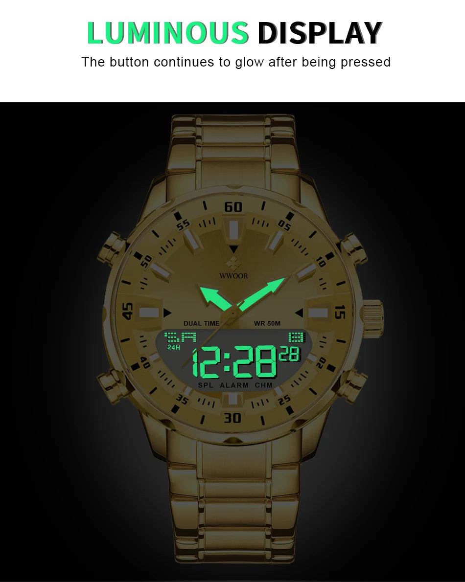 WWOOR Luxury Watches For Men Military Chronograph Digital Quartz Man's Wristwatch Waterproof Stainless Steel Luminous Male Clock