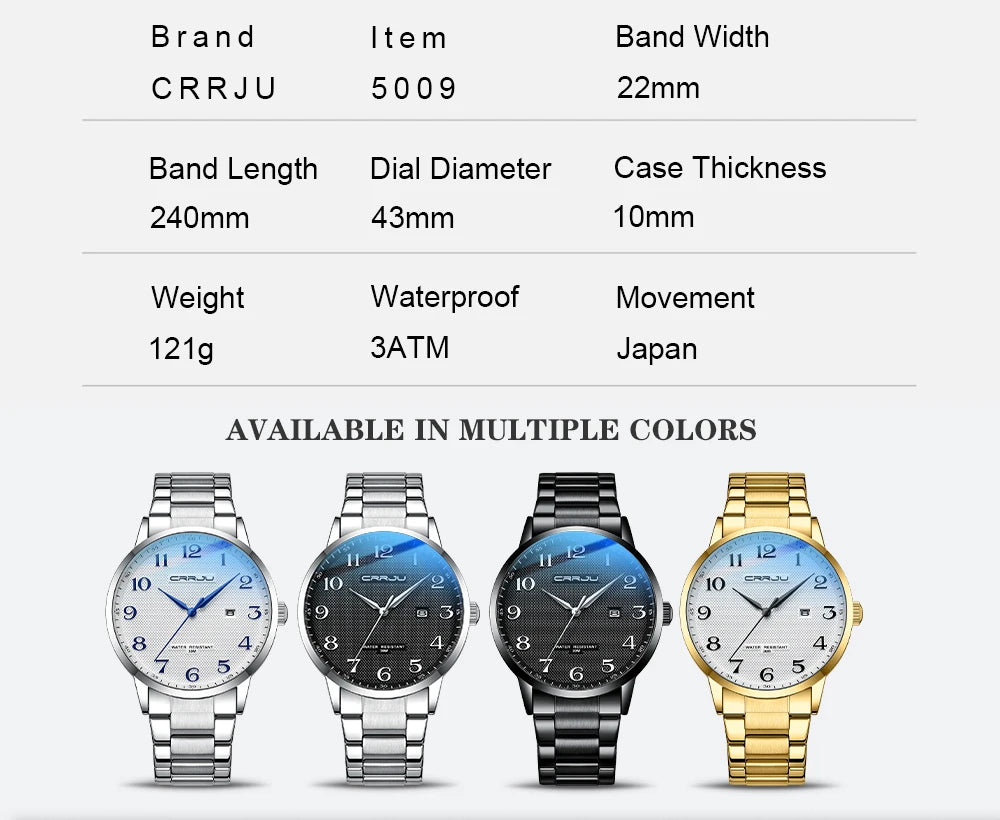 CRRJU New Fashion Men's Watches Stainless Steel Top Brand Luxury Waterproof Men Quartz Wristwatches Relogio Masculino