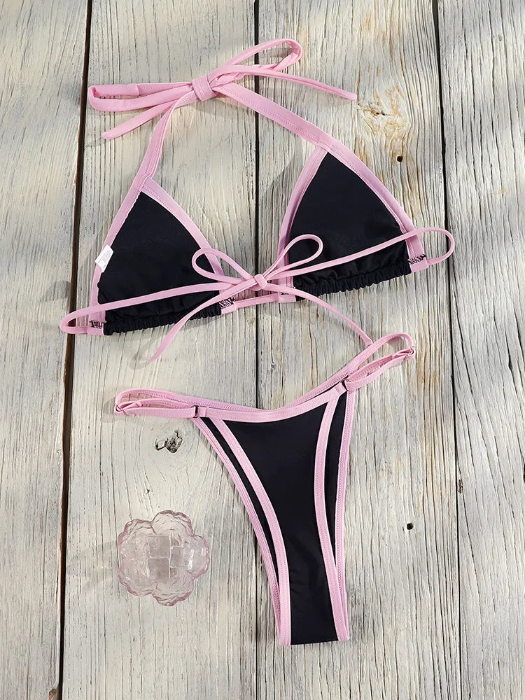 Bordered Bikinis Set Triangle Women's Swimwear 2026 Sexy Swimsuit Blue Bathing Suit Micro Biquini Brazilian Thongs Beach Wear