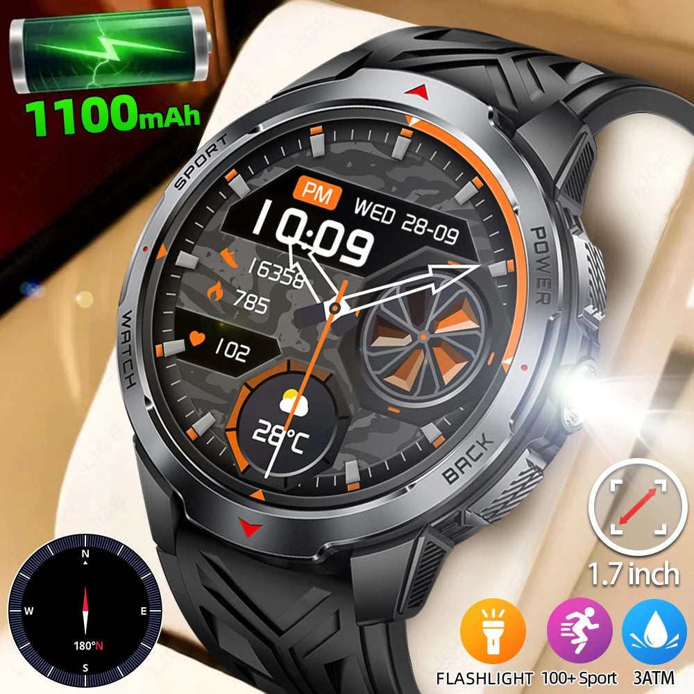 LIGE 1100mAh Large Battery Smart Watch 1.7" Full Screen Touch Bluetooth Smartwatch Men Sleep Heart Rate Monitor Compass Watches