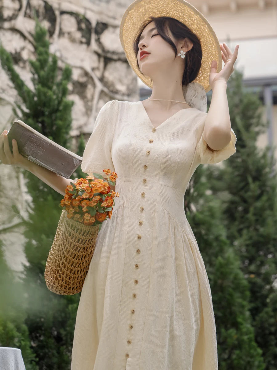 Summer 2026 New Gentle Style Yellow Cotton Blend Bubble Sleeve Dress High Waist A-Line Skirt V-Neck Single Button Closure Dress