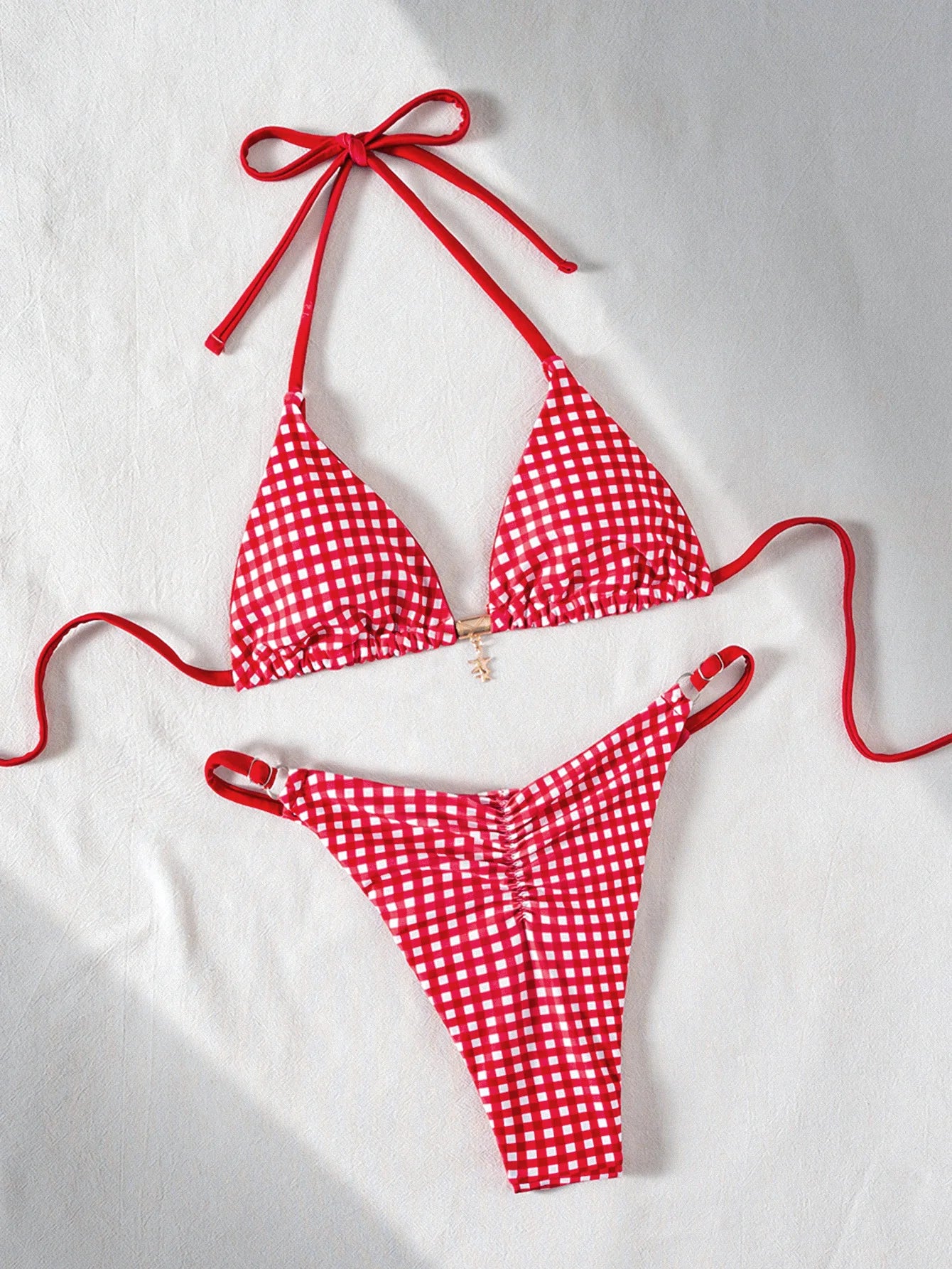 2026 Floral Print Bikini Set with Dainty Pendant Sweet Triangle Top Adjustable Ties Two Piece Swimsuit Vacation Swimwear