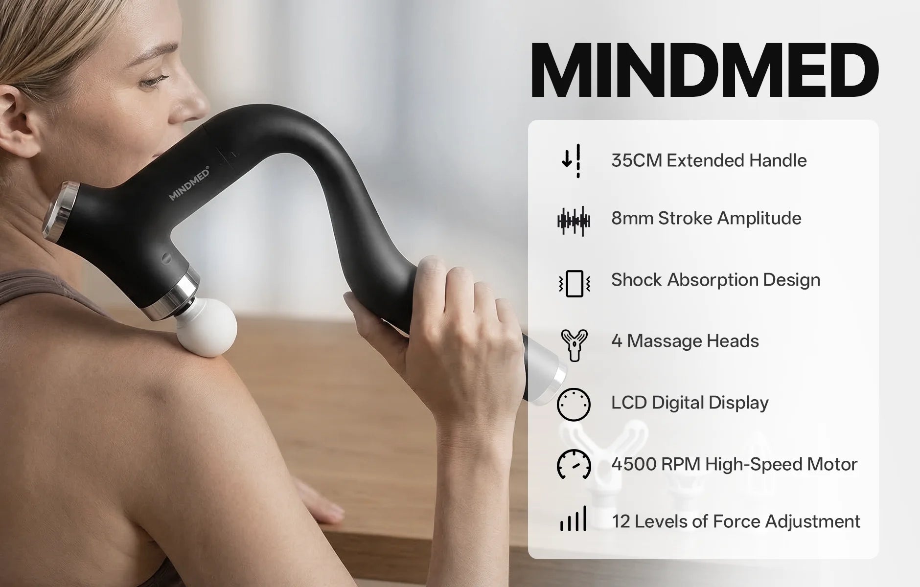 MINDMED Long Handle Detachable Massage Gun Deep Tissue Muscle Gun for Back Neck Shoulder Body Recovery with 12 Speed & 4 Heads