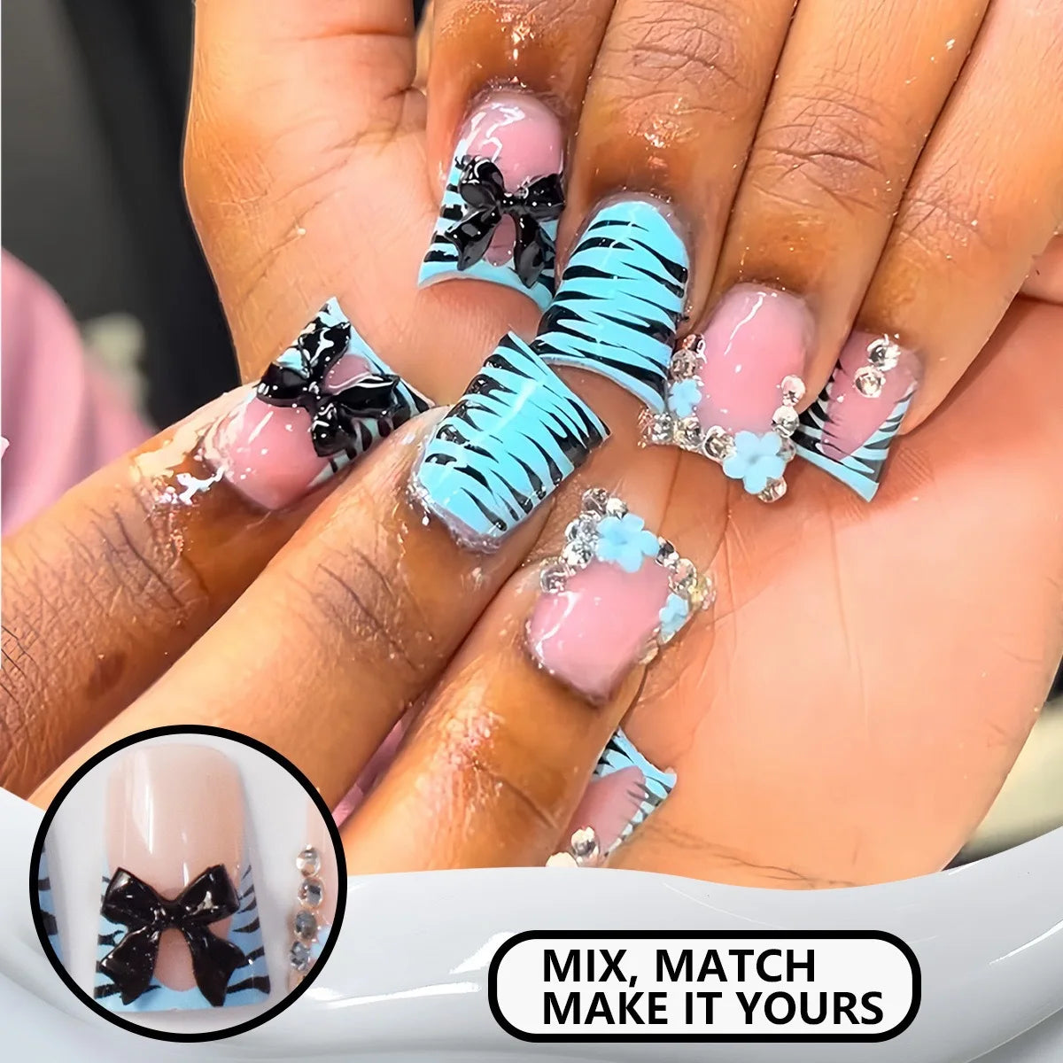 24pcs Press-On Nails – Duckbill Leopard Print with 3D Bowknots & Butterfly | أظافر مزيفة فاخرة