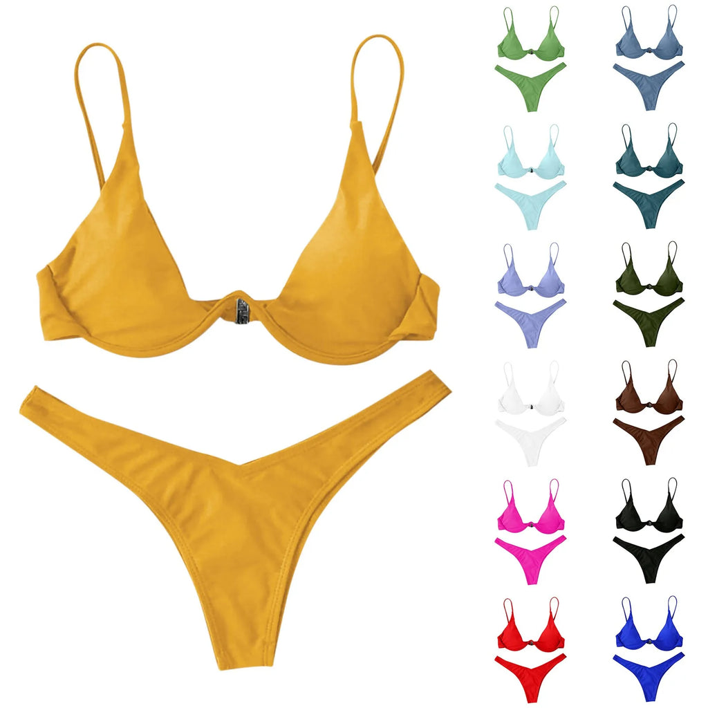 Personality Women'S Sexy Split Style Solid Color Bikini Swimsuit Bow Tie Swimsuit 2 Piece Set Soft Comfortable Swimwear Set
