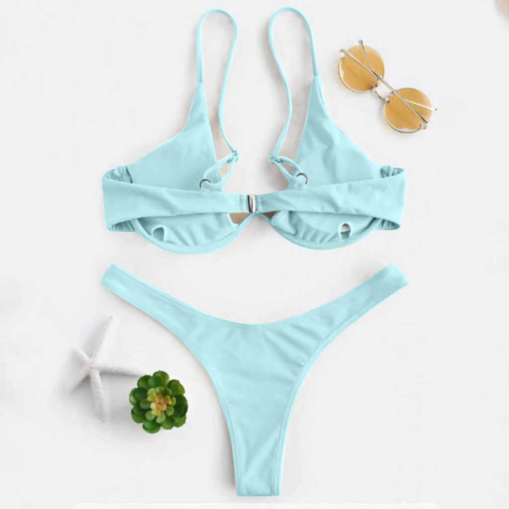 Personality Women'S Sexy Split Style Solid Color Bikini Swimsuit Bow Tie Swimsuit 2 Piece Set Soft Comfortable Swimwear Set