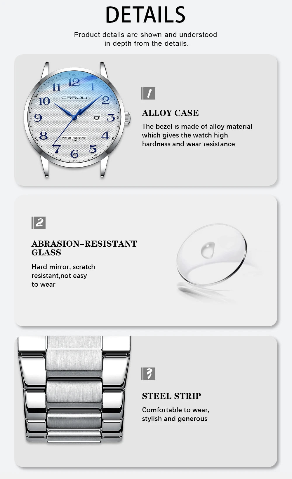 CRRJU New Fashion Men's Watches Stainless Steel Top Brand Luxury Waterproof Men Quartz Wristwatches Relogio Masculino