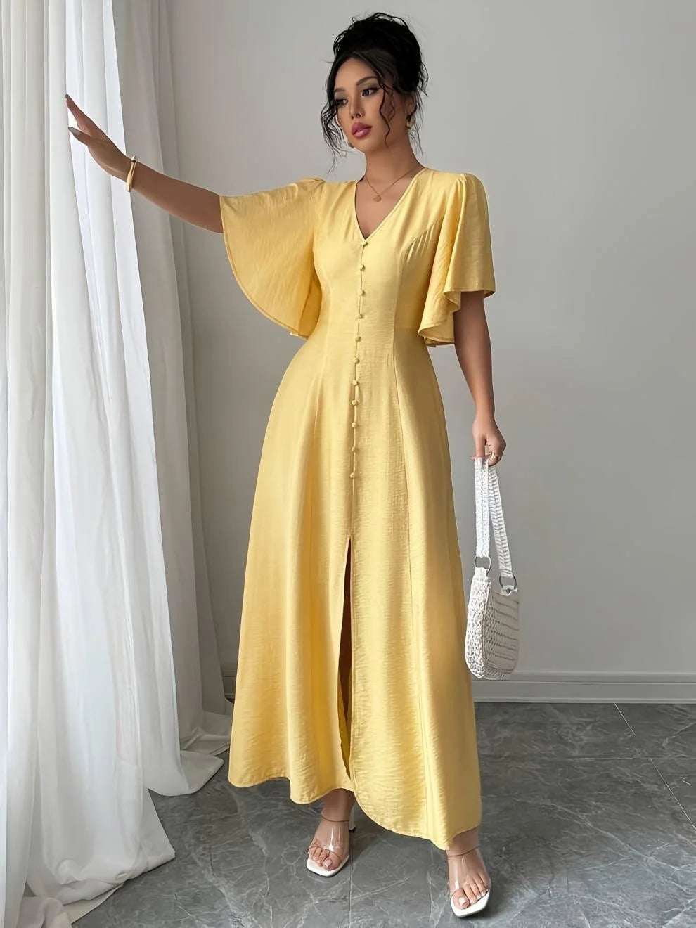 Chic Short Sleeved V Neck Yellow Split Dress Women Casual Single Breasted Buckle Slim Midi Dresses Summer Lady Highstreet Robes