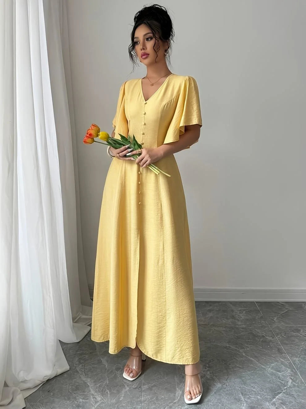 Chic Short Sleeved V Neck Yellow Split Dress Women Casual Single Breasted Buckle Slim Midi Dresses Summer Lady Highstreet Robes