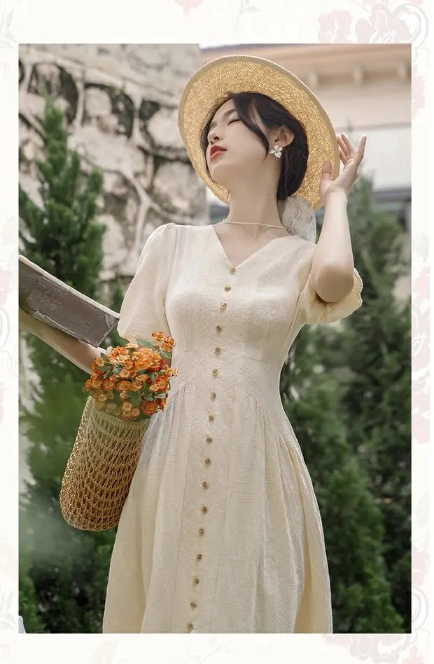 Summer 2026 New Gentle Style Yellow Cotton Blend Bubble Sleeve Dress High Waist A-Line Skirt V-Neck Single Button Closure Dress