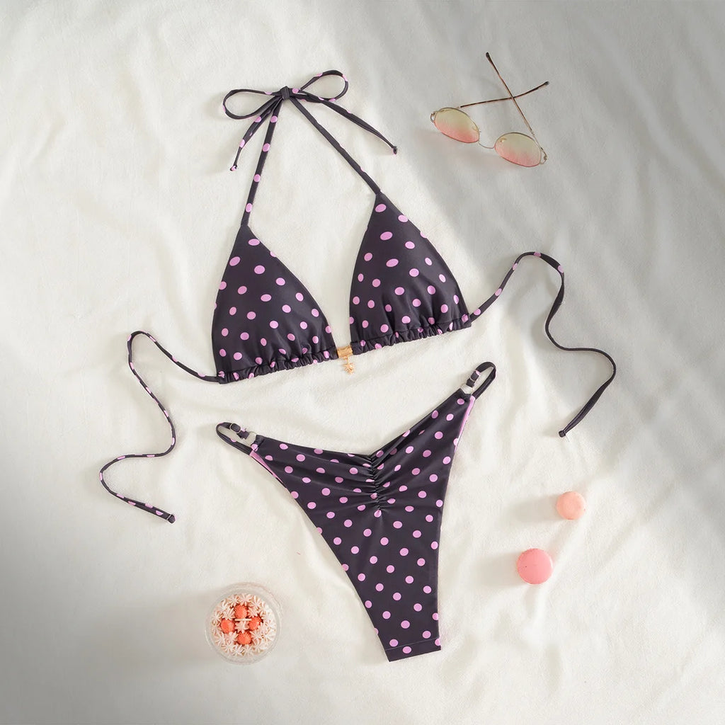 2026 Floral Print Bikini Set with Dainty Pendant Sweet Triangle Top Adjustable Ties Two Piece Swimsuit Vacation Swimwear