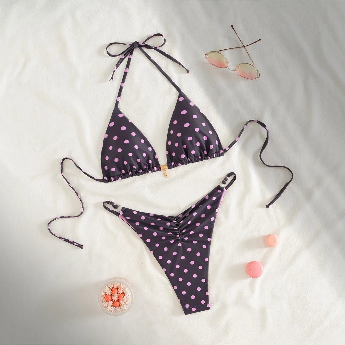 2026 Floral Print Bikini Set with Dainty Pendant Sweet Triangle Top Adjustable Ties Two Piece Swimsuit Vacation Swimwear