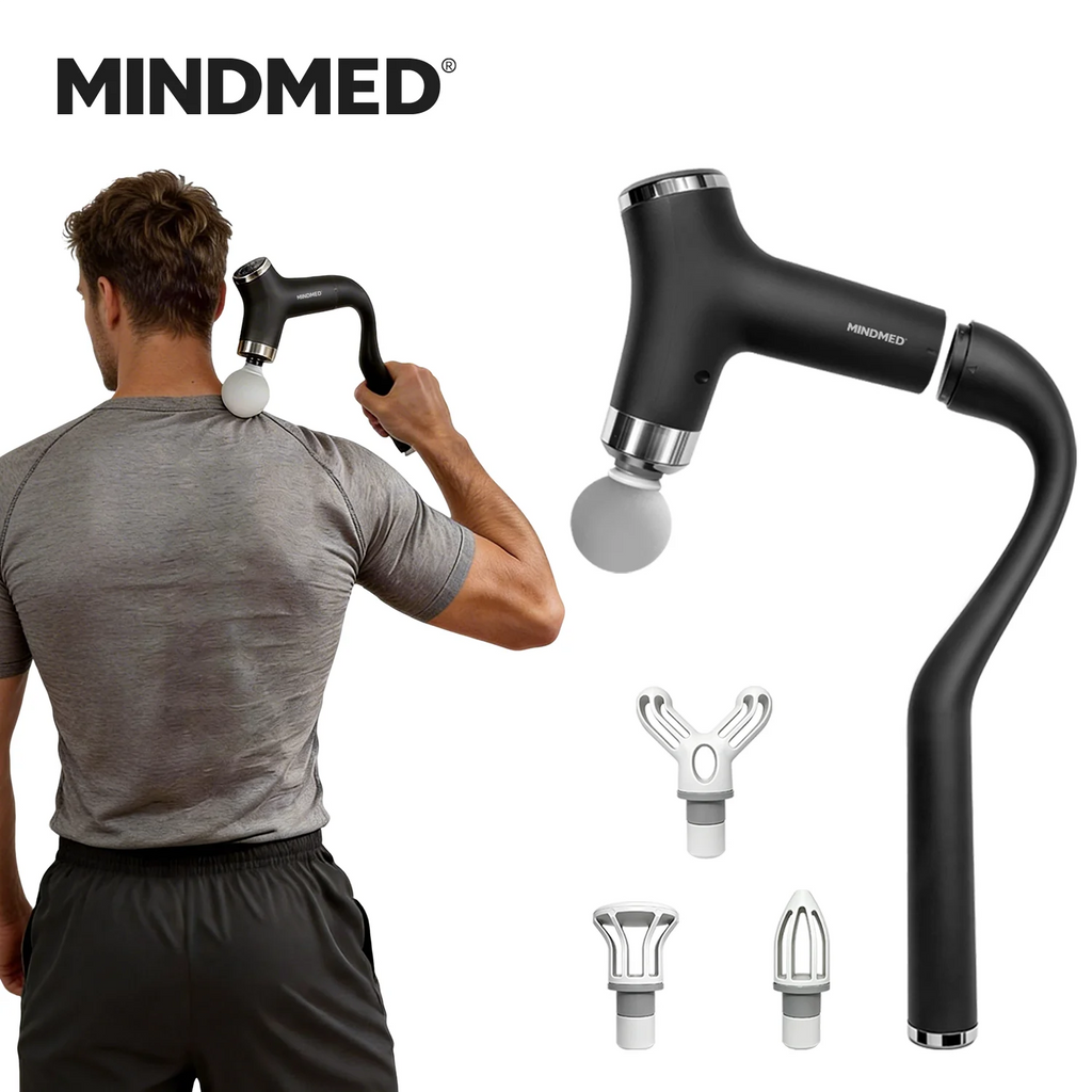 MINDMED Long Handle Detachable Massage Gun Deep Tissue Muscle Gun for Back Neck Shoulder Body Recovery with 12 Speed & 4 Heads