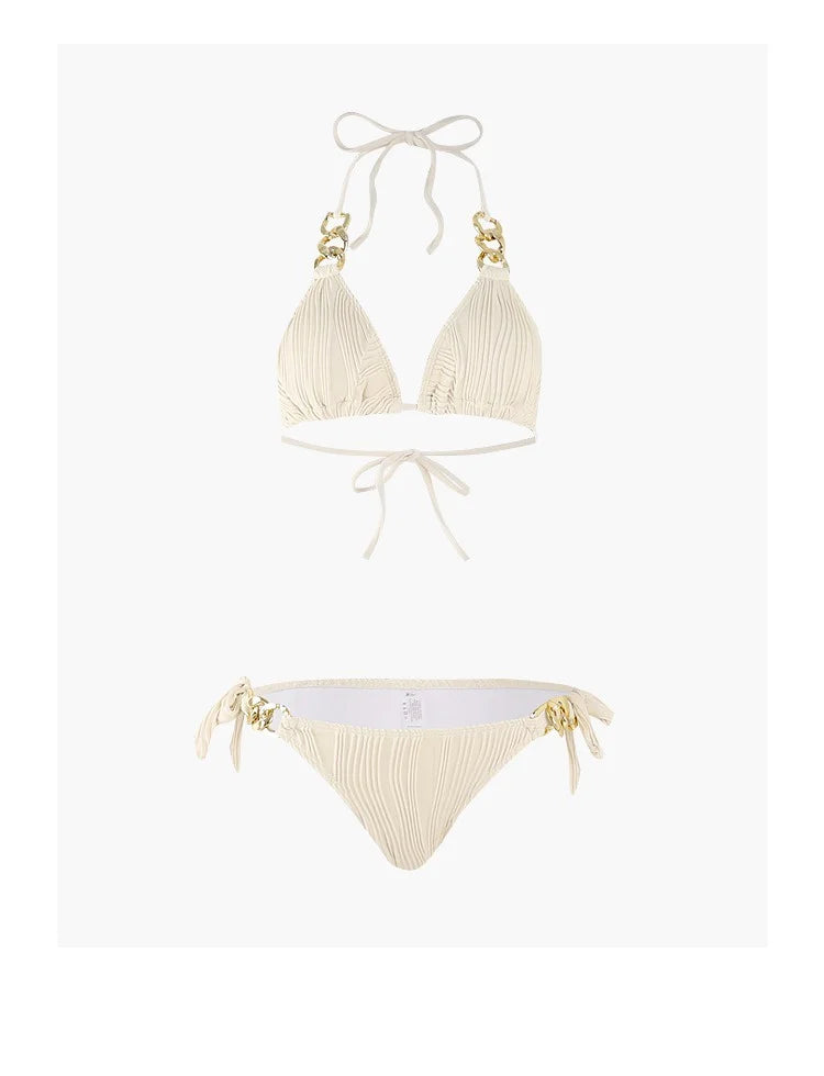 Sexy Bikini Set Beach Vacation Two-Piece Pure Desire Cover-Up Triangular Design with Chest Pad No Steel Support Polyester