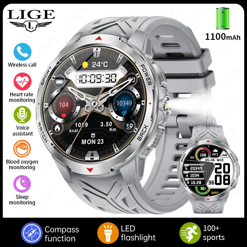 LIGE 1100mAh Large Battery Smart Watch 1.7" Full Screen Touch Bluetooth Smartwatch Men Sleep Heart Rate Monitor Compass Watches