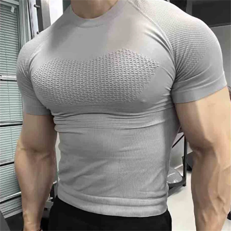 Summer Men Compression Gym Running T Shirt Breathable Short Sleeve T-Shirt Man Casual Tops Seamless Fitness Shirts Man Clothes