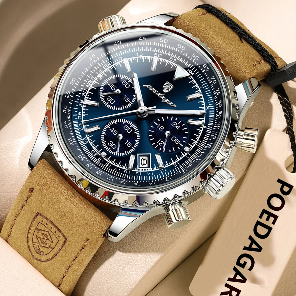 POEDAGAR Original Men's Clock Chronograph Date Waterproof Luminous Luxury Male Wristwatch Fashion Leather Quartz Watches For Man