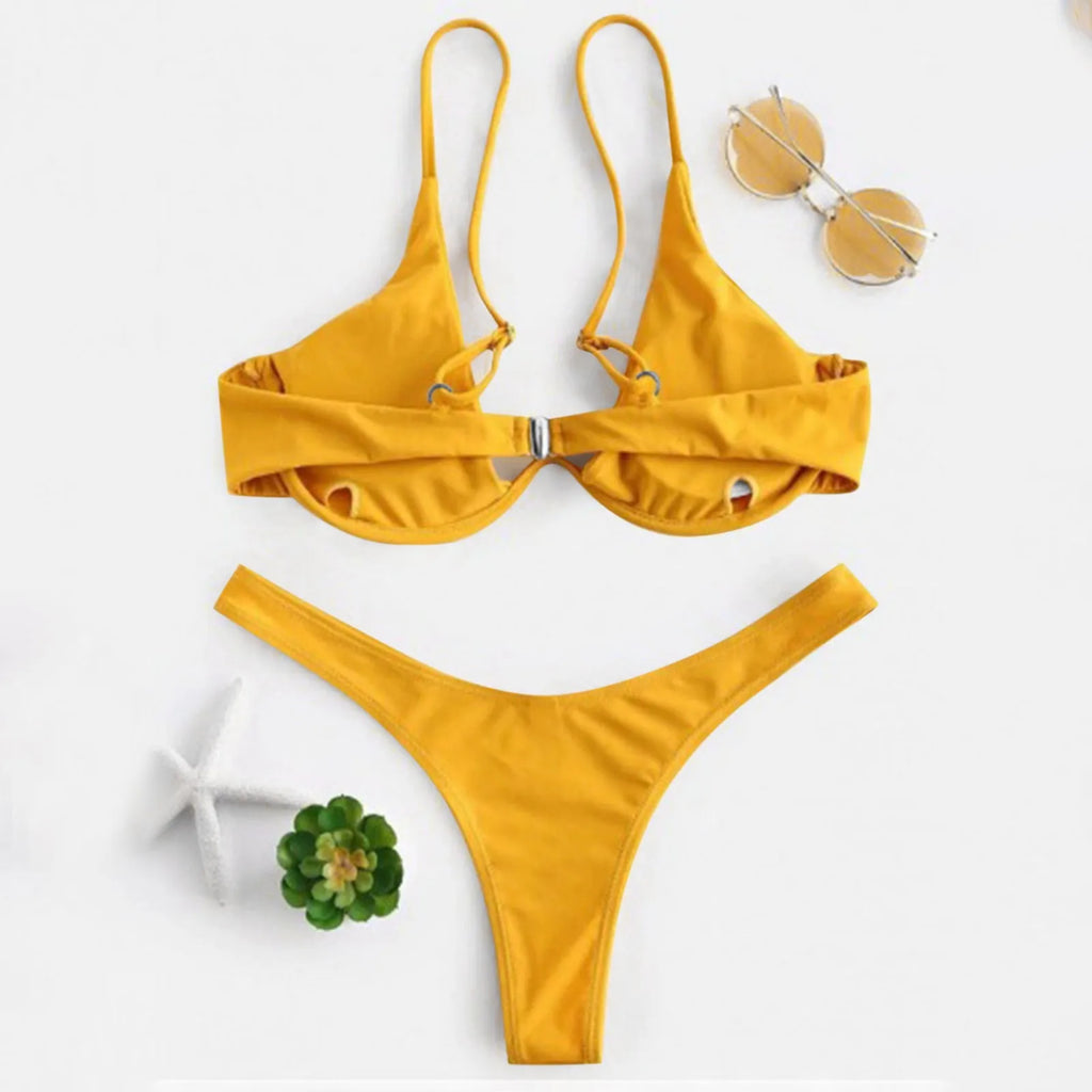 Personality Women'S Sexy Split Style Solid Color Bikini Swimsuit Bow Tie Swimsuit 2 Piece Set Soft Comfortable Swimwear Set
