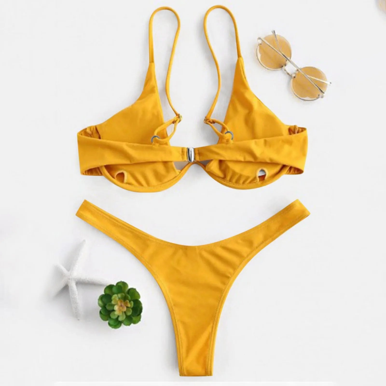 Personality Women'S Sexy Split Style Solid Color Bikini Swimsuit Bow Tie Swimsuit 2 Piece Set Soft Comfortable Swimwear Set
