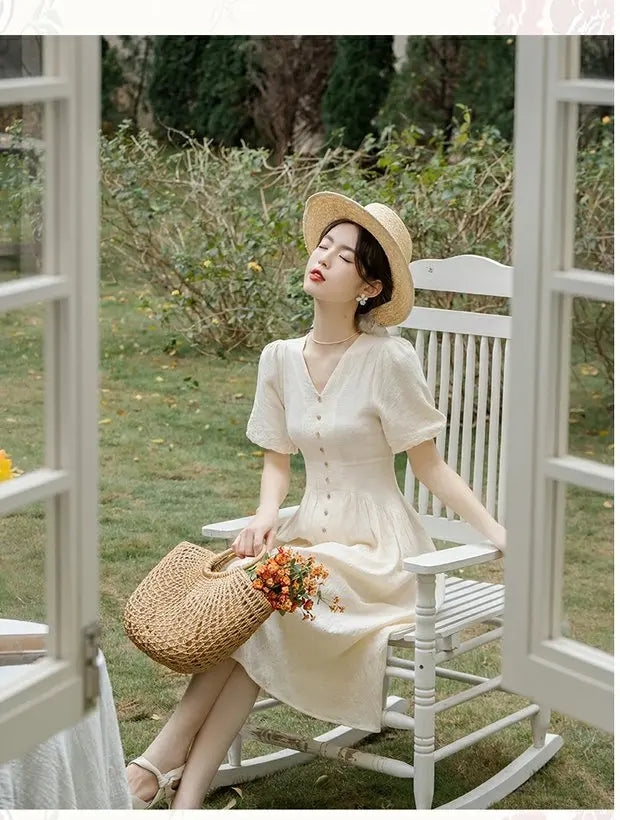 Summer 2026 New Gentle Style Yellow Cotton Blend Bubble Sleeve Dress High Waist A-Line Skirt V-Neck Single Button Closure Dress