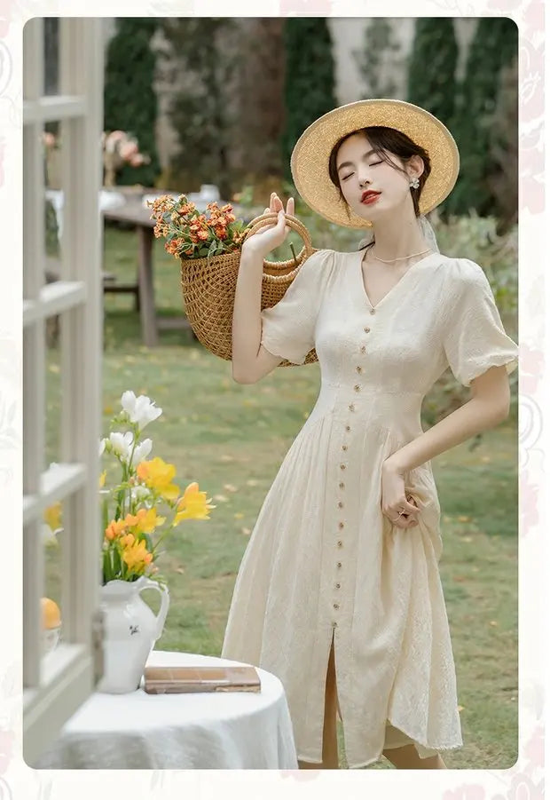 Summer 2026 New Gentle Style Yellow Cotton Blend Bubble Sleeve Dress High Waist A-Line Skirt V-Neck Single Button Closure Dress
