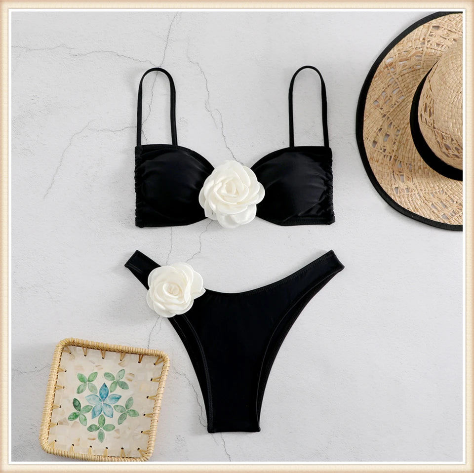 Bandeau Bikini Front 3D Flower Flower Decoration Swimwear Women High Waist Solid Swimsuit Elegant Beachwear Bathing Suit Summer