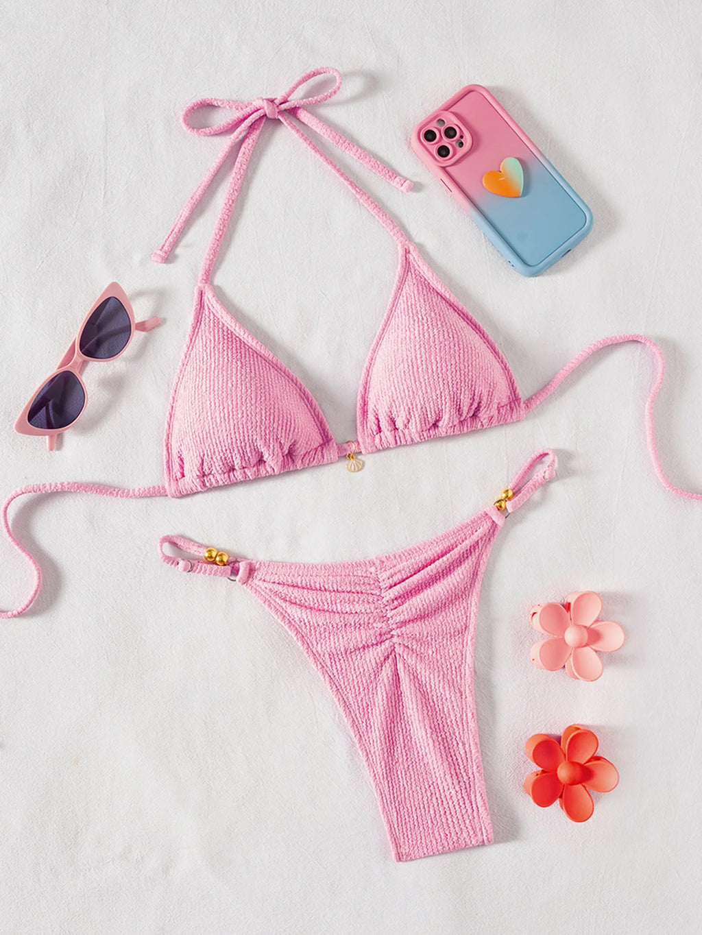 2026 Floral Print Bikini Set with Dainty Pendant Sweet Triangle Top Adjustable Ties Two Piece Swimsuit Vacation Swimwear