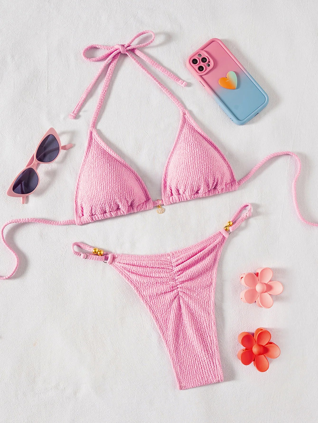 2026 Floral Print Bikini Set with Dainty Pendant Sweet Triangle Top Adjustable Ties Two Piece Swimsuit Vacation Swimwear