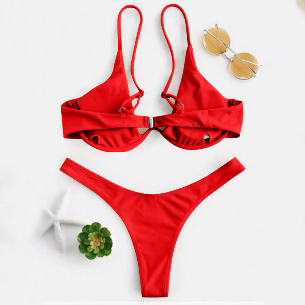 Personality Women'S Sexy Split Style Solid Color Bikini Swimsuit Bow Tie Swimsuit 2 Piece Set Soft Comfortable Swimwear Set