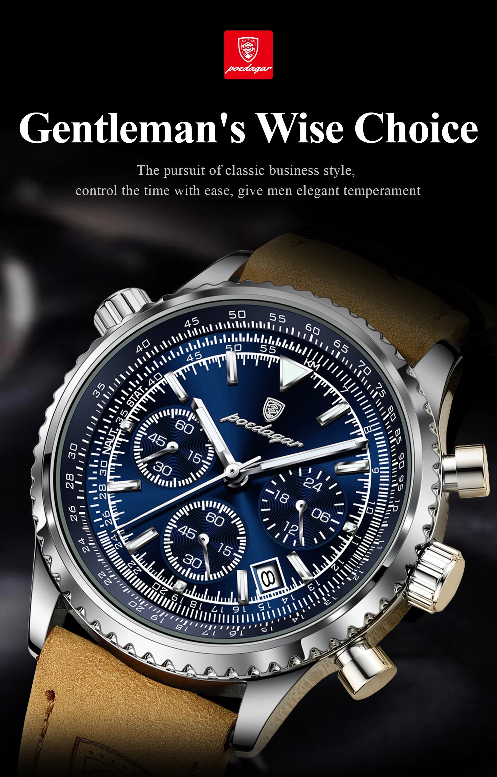 POEDAGAR Original Men's Clock Chronograph Date Waterproof Luminous Luxury Male Wristwatch Fashion Leather Quartz Watches For Man