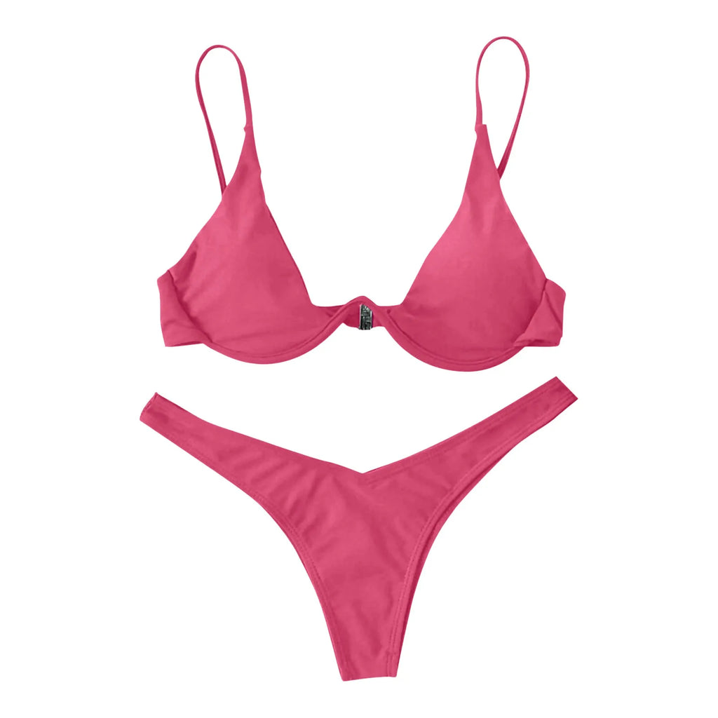 Personality Women'S Sexy Split Style Solid Color Bikini Swimsuit Bow Tie Swimsuit 2 Piece Set Soft Comfortable Swimwear Set