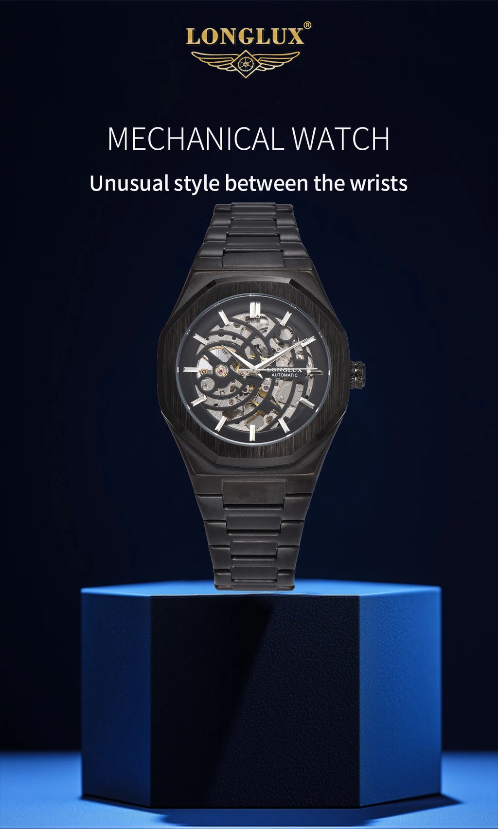 LONGLUX automatic watch business mechanical watches skeleton waterproof luminous stainless steel mens watch office worker gift