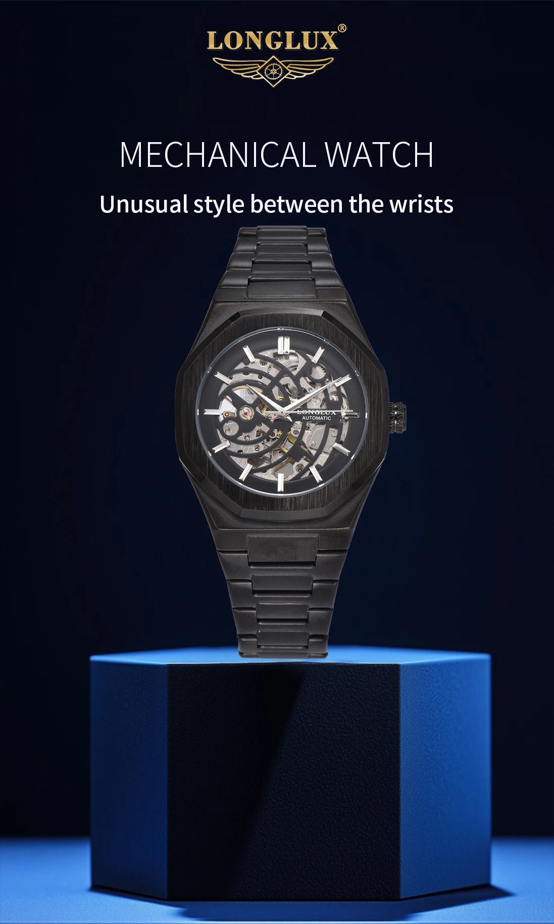 LONGLUX automatic watch business mechanical watches skeleton waterproof luminous stainless steel mens watch office worker gift