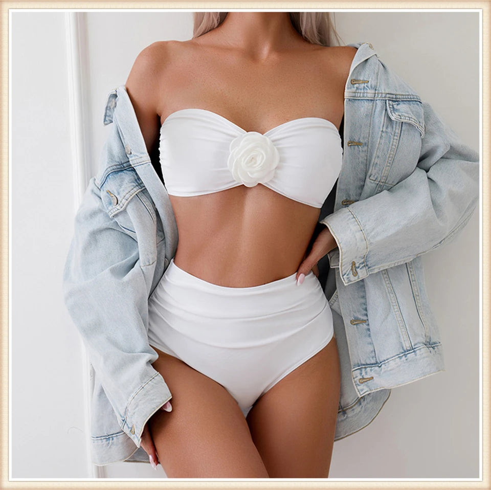 Bandeau Bikini Front 3D Flower Flower Decoration Swimwear Women High Waist Solid Swimsuit Elegant Beachwear Bathing Suit Summer
