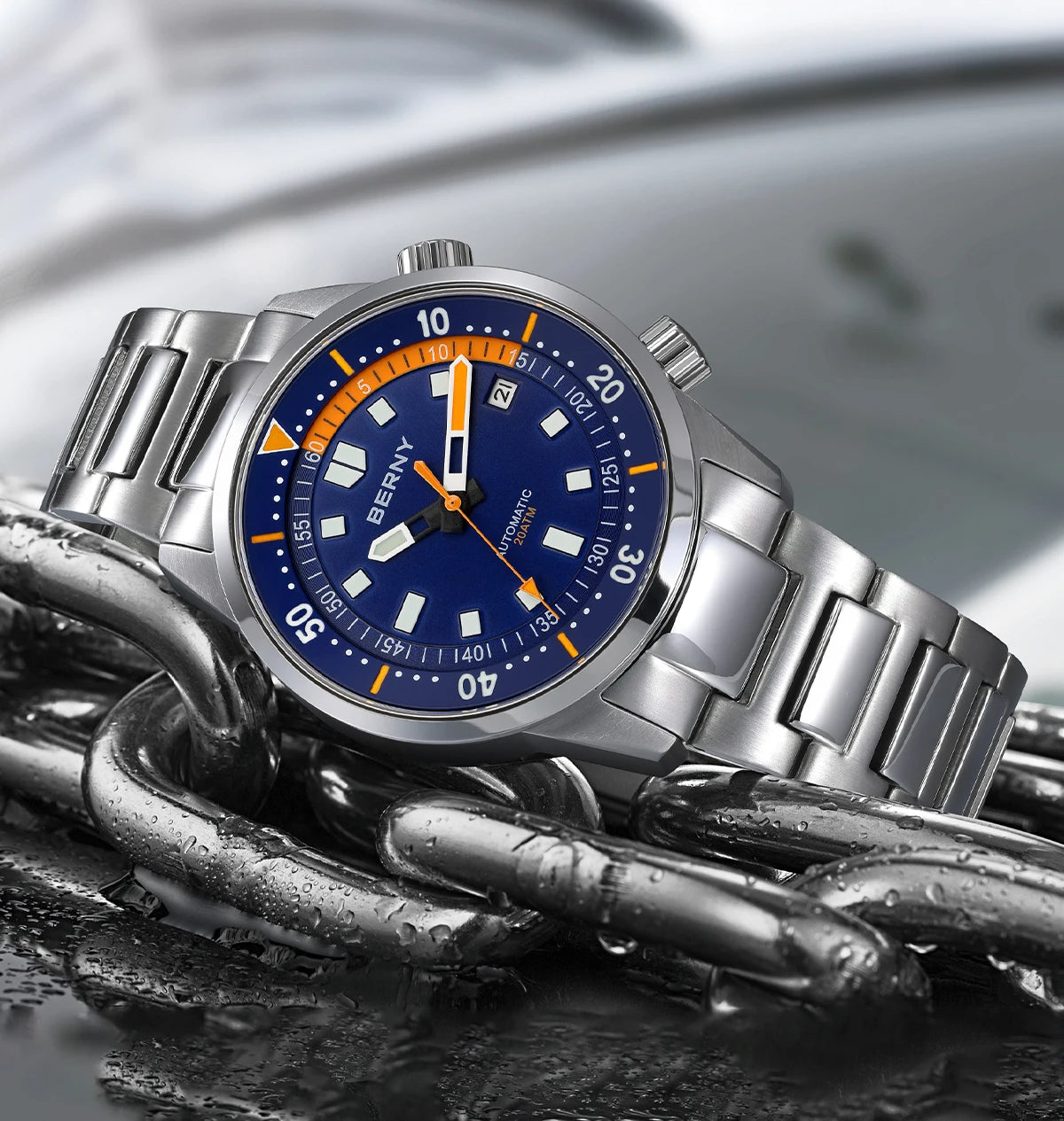 BERNY Automatic Diving Watches for Men 20ATM Super Luminous Mechanical Men's Diver Watch Sapphire Full Stainless Steel Dive