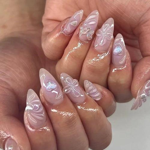 24Pcs Mid-length Gilded Almond Nails Set Press on 3D Flower Gradient Pink Full Cover False Nails Tips Pearl Reusable Fake Nails