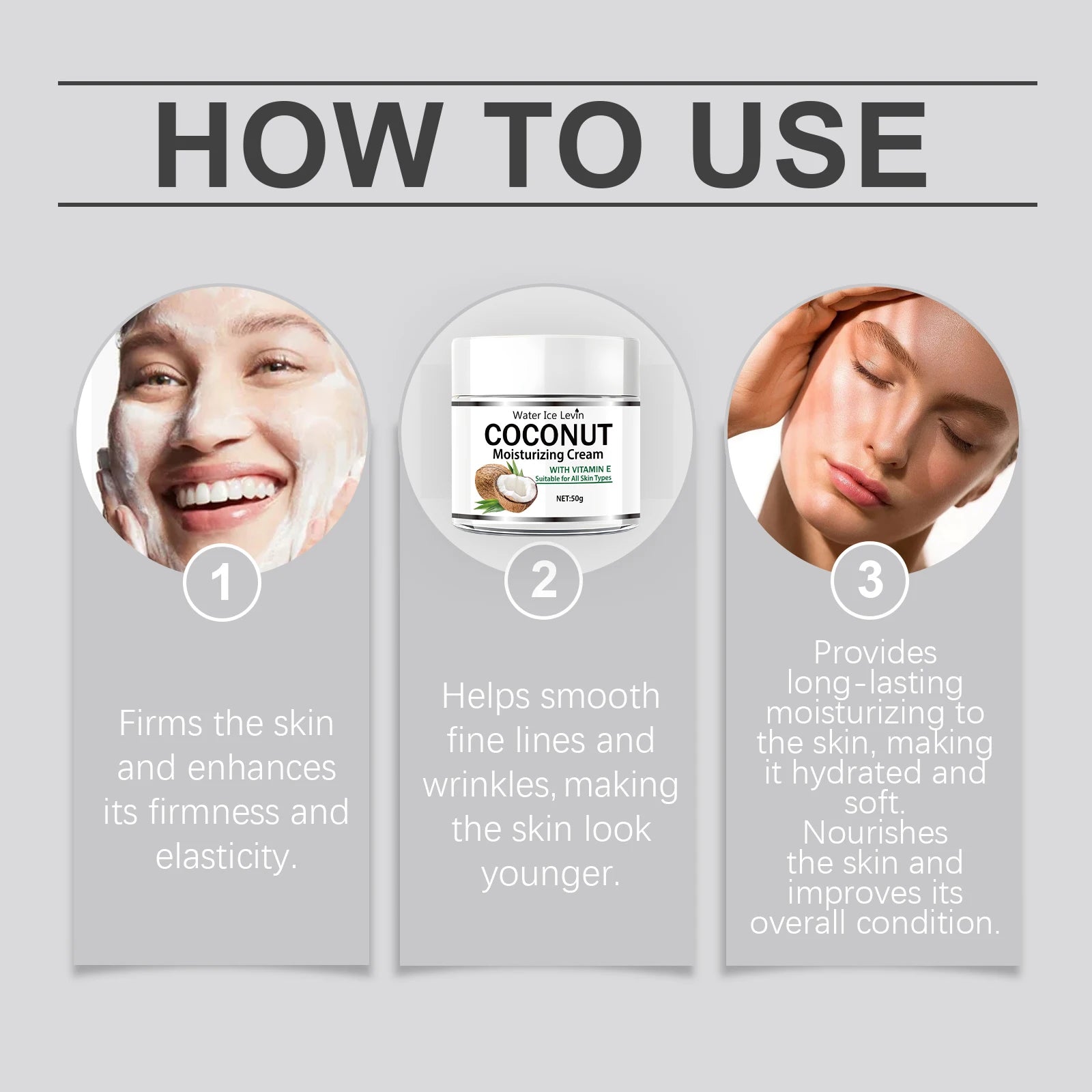50g Coconut Oil Moisturizing Cream |   Collagen and Vitamin E |   Alcohol-Free |   Suitable for All Light Skin Tones |   Moisturizing Formula Containing Hyaluronic Acid and Retinol