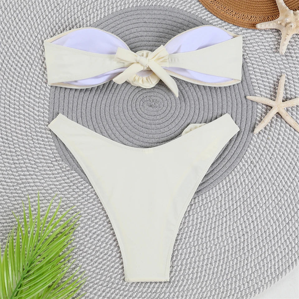 Bandeau Bikini Front 3D Flower Flower Decoration Swimwear Women High Waist Solid Swimsuit Elegant Beachwear Bathing Suit Summer