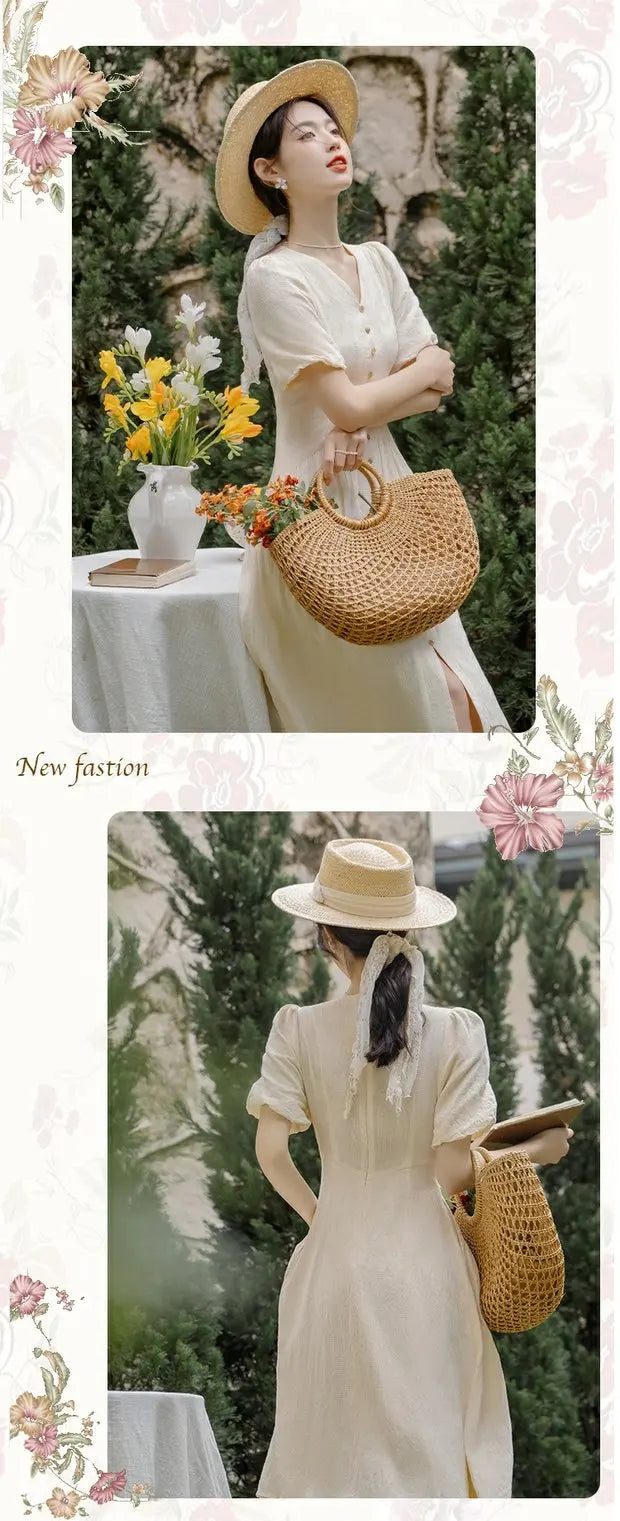 Summer 2026 New Gentle Style Yellow Cotton Blend Bubble Sleeve Dress High Waist A-Line Skirt V-Neck Single Button Closure Dress