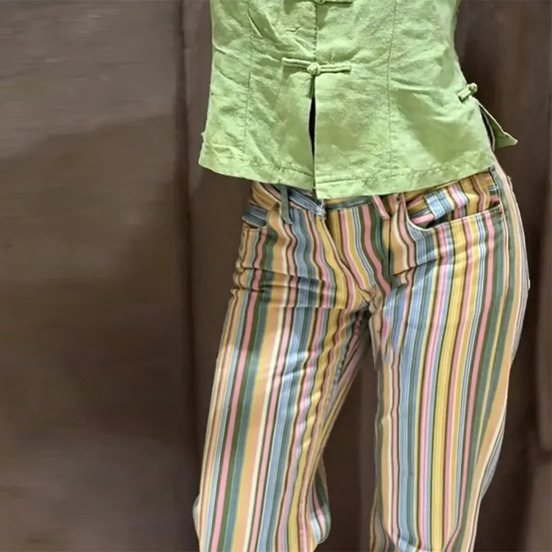 Colorful Striped Jeans for Women Low Waist Straight Leg Trousers High Street Casual Long Denim Pant 2026 NEW Daily Lady Jeans