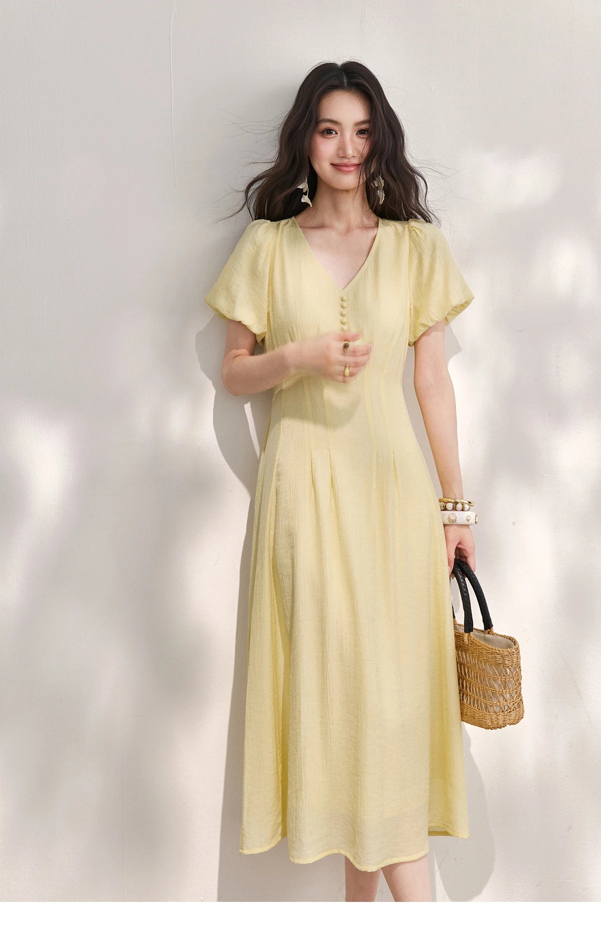 MISHOW Women's French V Neck Puff Sleeve Midi Dress 2026 Summer Button Detail Waist Slim Yellow Elegant Long Dress MXF29L2782
