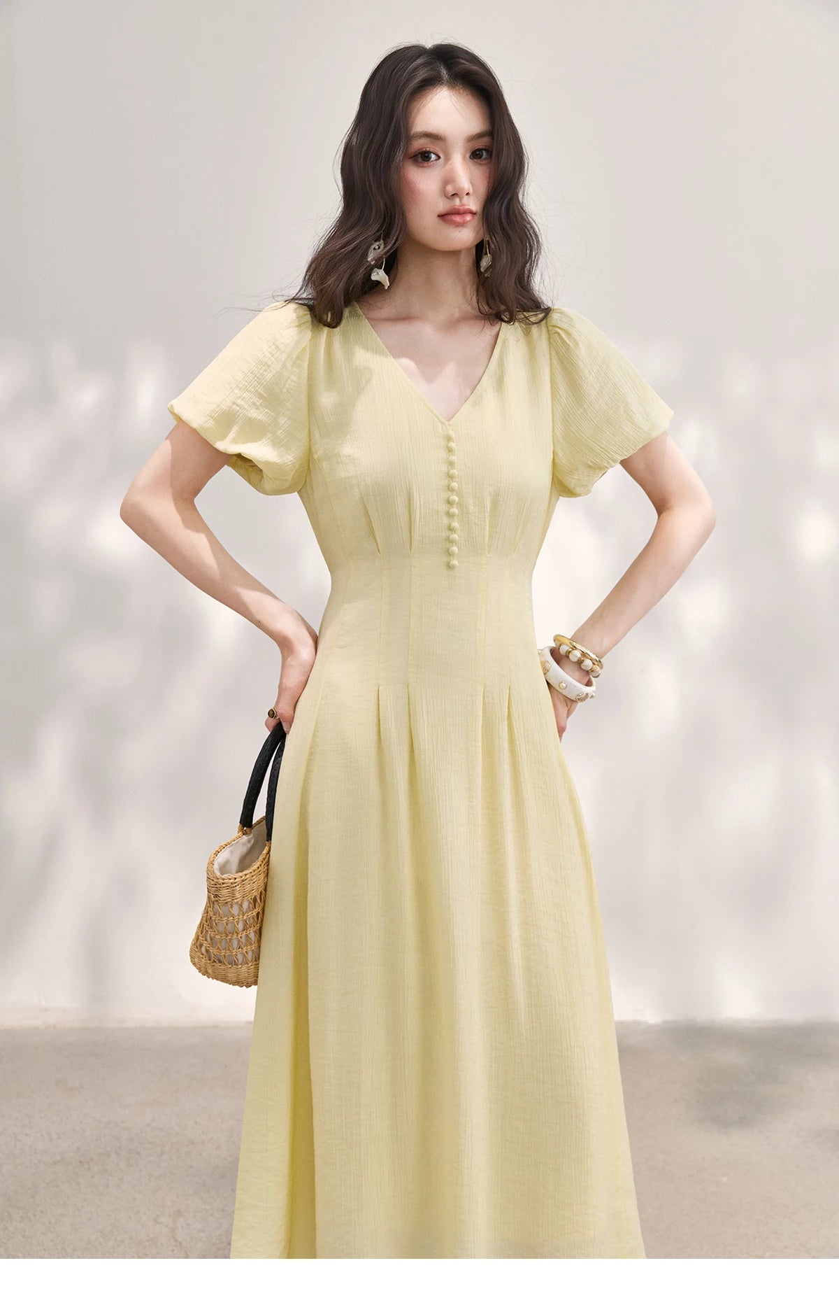 MISHOW Women's French V Neck Puff Sleeve Midi Dress 2026 Summer Button Detail Waist Slim Yellow Elegant Long Dress MXF29L2782
