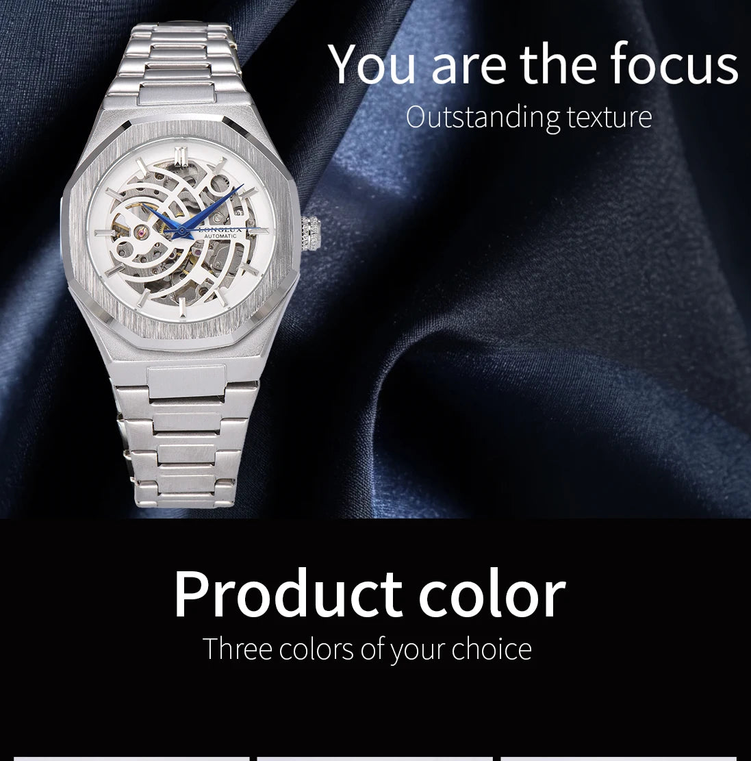LONGLUX automatic watch business mechanical watches skeleton waterproof luminous stainless steel mens watch office worker gift